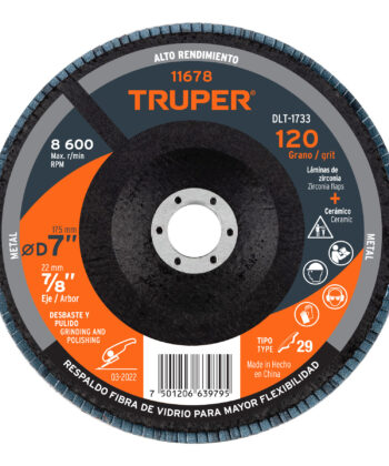 DISCO LAMINADO 7", GRANO 120 CENTRO 7/8", FIBRA, TRUPER 11678